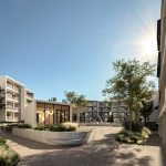 Sovereign Estates   Modern apartment courtyard with a glass walled lounge landscaped planters and a bright blue sky 2026 Modern apartment courtyard with a glass walled lounge landscaped planters and a bright blue sky