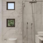 4-Lana-Villa-Bathroomjpg - Sovereign Estates Sovereign Estates Modern marble bathroom with glass shower enclosure wall mounted vanity with a bowl sink and two small square windows 2026 Modern marble bathroom with glass shower enclosure wall mounted vanity with a bowl sink and two small square windows