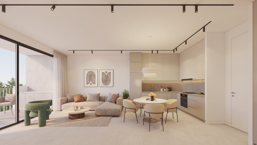 Elysia Blu 6 - Sovereign Estates Sovereign Estates Open concept living area with a beige sectional round coffee table and a dining table near a modern kitchen 2026 Open concept living area with a beige sectional round coffee table and a dining table near a modern kitchen