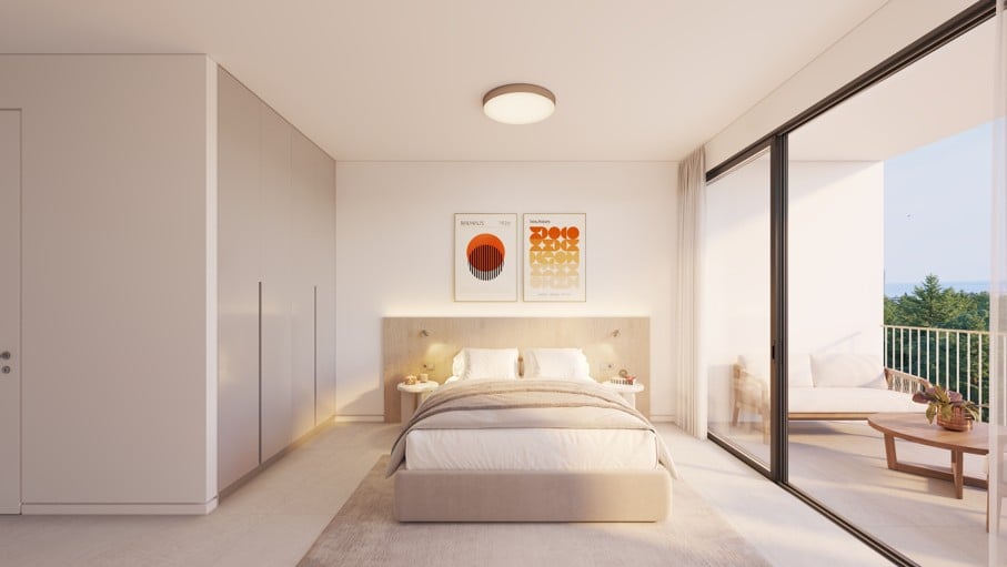 Elysia Blu 7 - Sovereign Estates Sovereign Estates Bright minimalist bedroom with a low beige upholstered bed white bedding matching nightstands and built in wardrobes on the left plus sliding glass doors opening to a balcony on the right Two abstract prints hang above the headboard 2026 Bright minimalist bedroom with a low beige upholstered bed white bedding matching nightstands and built in wardrobes on the left plus sliding glass doors opening to a balcony on the right Two abstract prints hang above the headboard