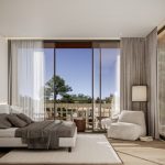 Sovereign Estates   Modern bedroom with a low platform bed neutral bedding and sliding glass doors to a balcony outside 2026 Modern bedroom with a low platform bed neutral bedding and sliding glass doors to a balcony outside