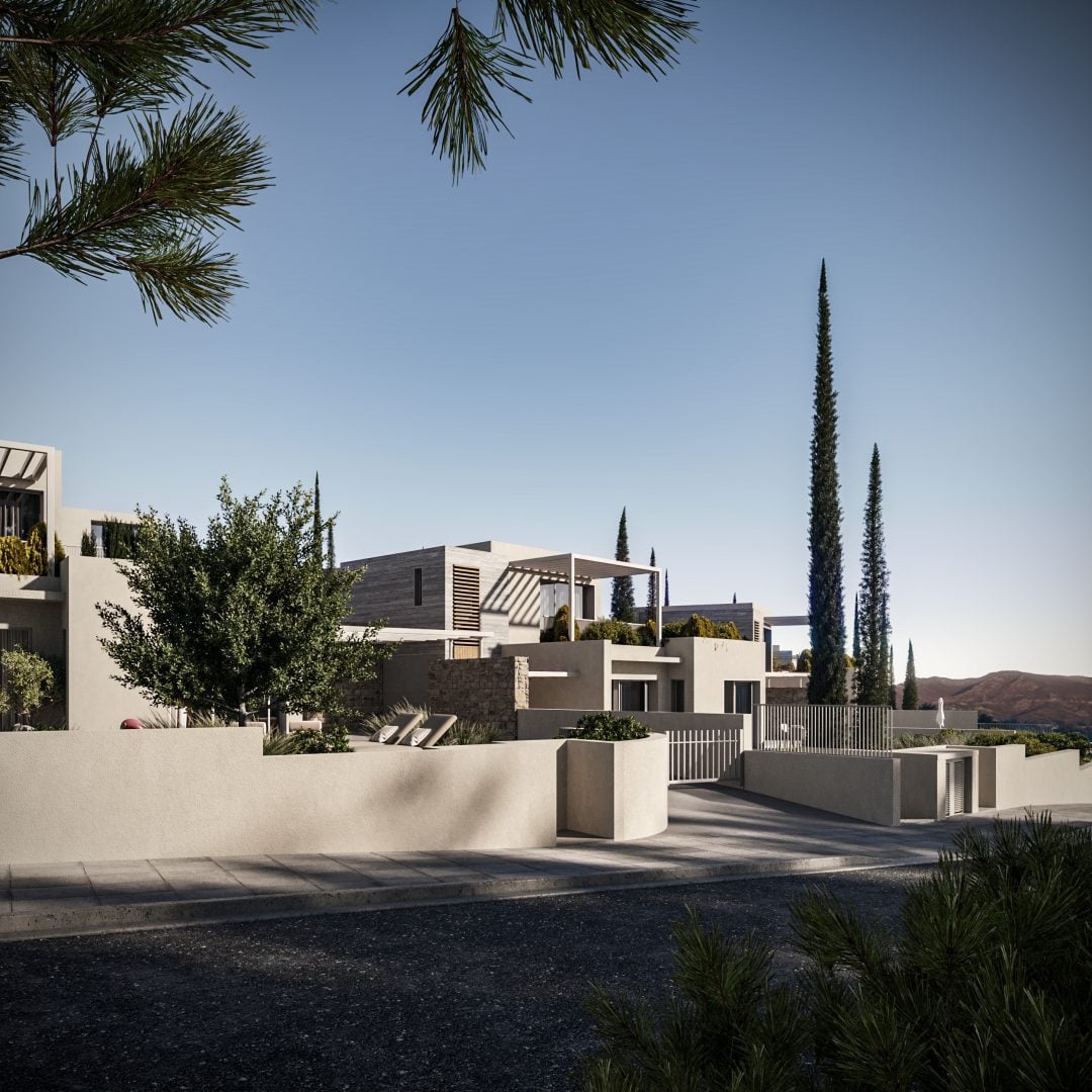 08 MasterPlan_01 - Sovereign Estates Sovereign Estates Modern desert style residential complex with beige stucco walls flat roofs and tall slender cypress trees along a quiet street 2026 Modern desert style residential complex with beige stucco walls flat roofs and tall slender cypress trees along a quiet street
