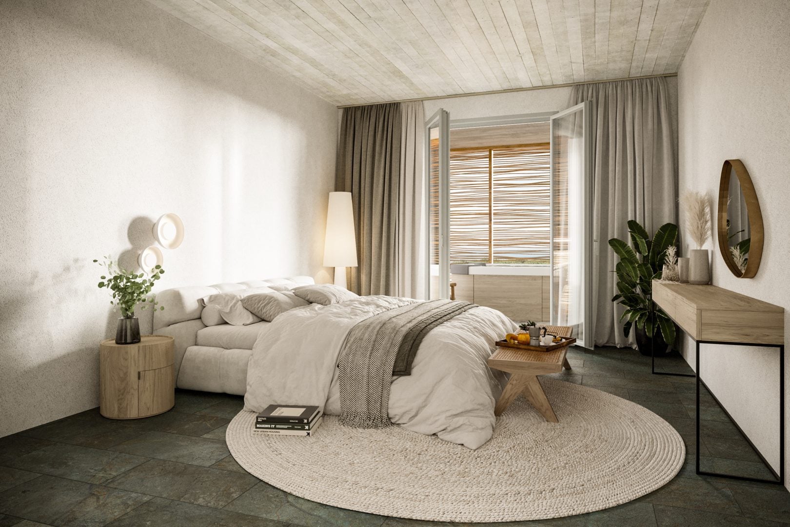 Maste_Bedroom_D_001-1620x1080jpg - Sovereign Estates Sovereign Estates Neutral toned bedroom with white bed circular woven rug and a balcony door opening to a wooden slat exterior 2026 Neutral toned bedroom with white bed circular woven rug and a balcony door opening to a wooden slat exterior