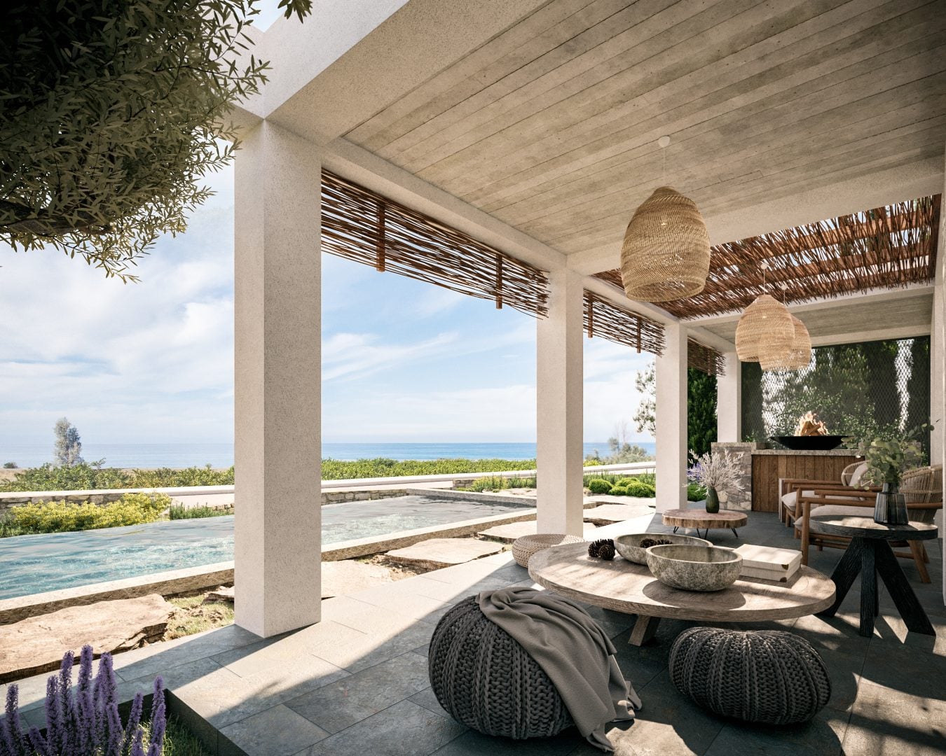 Pool-View-1350x1080jpg - Sovereign Estates Sovereign Estates Open air patio overlooking the ocean with a stone topped table wicker poufs and woven pendant lights under a shaded pergola 2026 Open air patio overlooking the ocean with a stone topped table wicker poufs and woven pendant lights under a shaded pergola