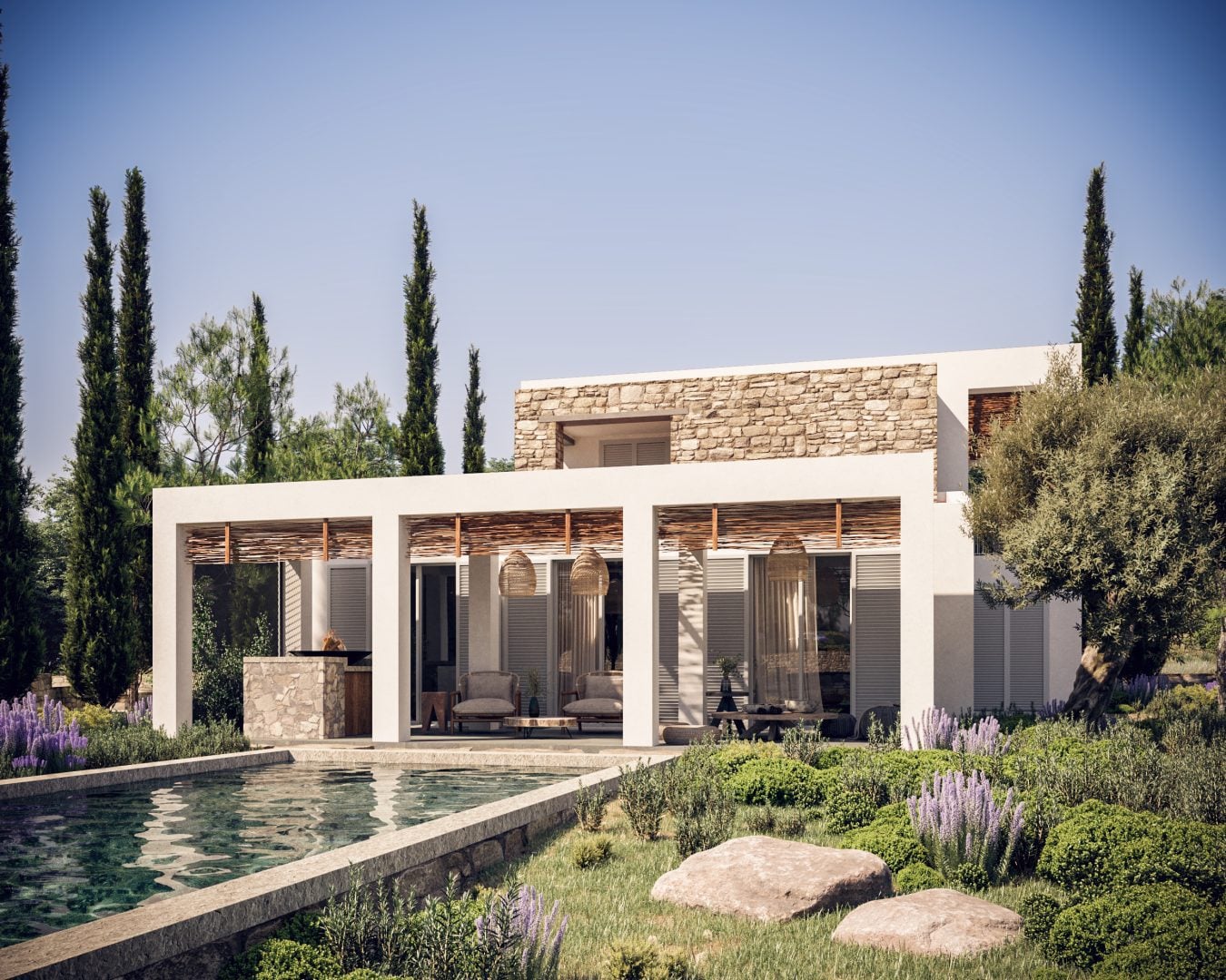 Villa_4_Type_B-1350x1080jpg - Sovereign Estates Sovereign Estates Modern single story house with stone accents and a covered patio overlooking a rectangular pool surrounded by shrubs and lavender in a landscaped garden 2026 Modern single story house with stone accents and a covered patio overlooking a rectangular pool surrounded by shrubs and lavender in a landscaped garden