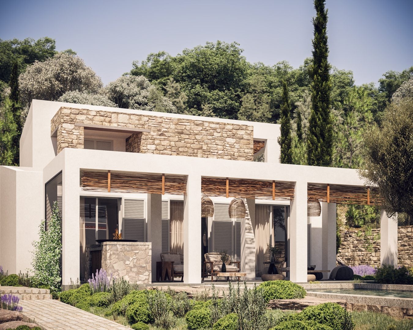 Villa_7_Type_B - Sovereign Estates Sovereign Estates Modern white house with stone accents a covered patio and a lush garden by a pool 2026 Modern white house with stone accents a covered patio and a lush garden by a pool