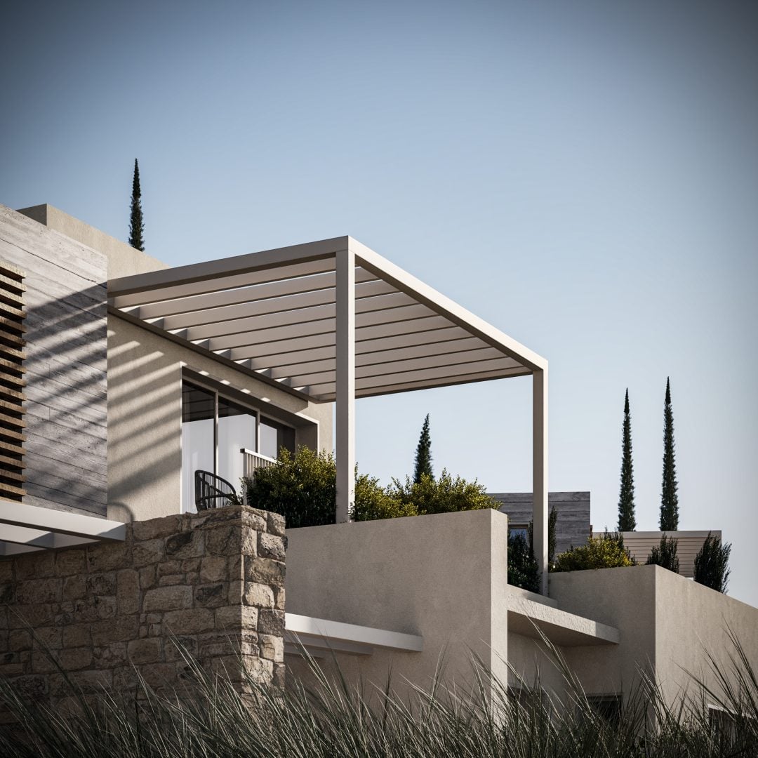 Sovereign Estates   Modern house exterior with a white rectangular pergola over a terrace stone and beige stucco walls and sculpted greenery against a clear blue sky 2026 Modern house exterior with a white rectangular pergola over a terrace stone and beige stucco walls and sculpted greenery against a clear blue sky