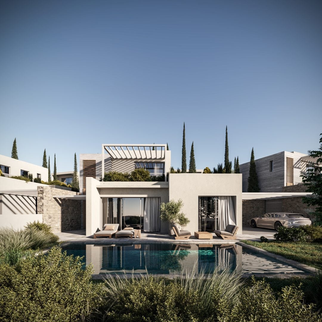 Sovereign Estates   Modern villa with a rectangular pool white stucco walls and outdoor lounge seating under a clear blue sky 2026 Modern villa with a rectangular pool white stucco walls and outdoor lounge seating under a clear blue sky