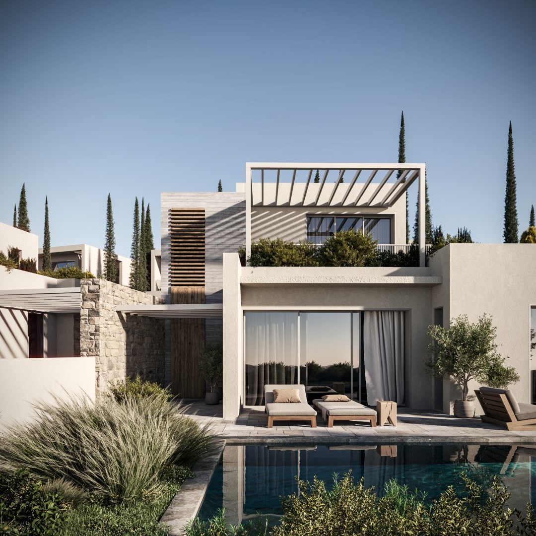 Sovereign Estates   Modern luxury home with a rectangular pool outdoor lounge chairs and glass sliding doors opening to a shaded patio 2026 Modern luxury home with a rectangular pool outdoor lounge chairs and glass sliding doors opening to a shaded patio