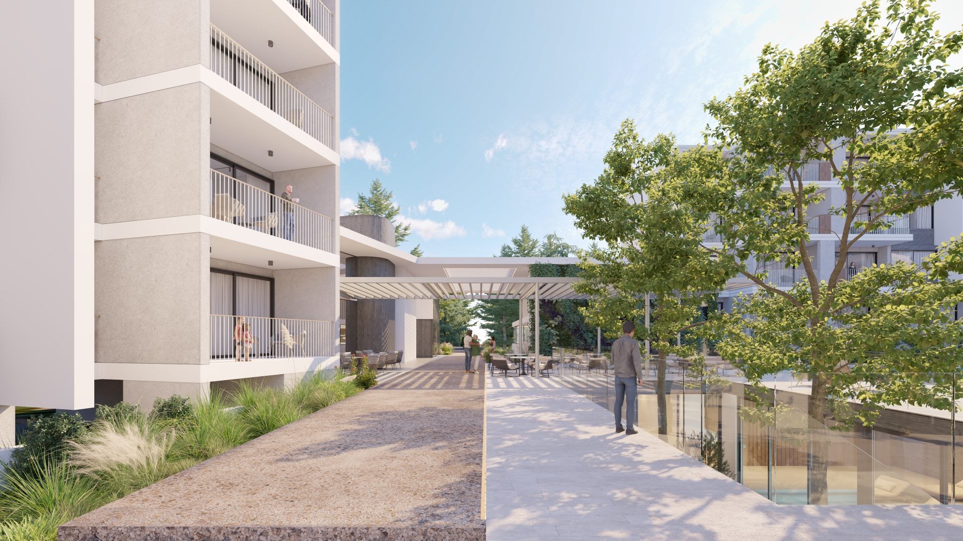 2-1920x1080jpg - Sovereign Estates Sovereign Estates Modern residential courtyard with beige apartment blocks balconies and a central shaded seating area under a pergola 2026 Modern residential courtyard with beige apartment blocks balconies and a central shaded seating area under a pergola