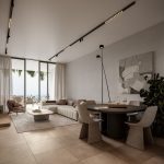 Sovereign Estates   Open plan living and dining room with a beige sectional round coffee table and a dining table large windows overlook a city view 2026 Open plan living and dining room with a beige sectional round coffee table and a dining table large windows overlook a city view