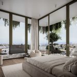 Sovereign Estates   Modern bedroom with floor to ceiling glass walls opening to a balcony overlooking the city and ocean beyond 2026 Modern bedroom with floor to ceiling glass walls opening to a balcony overlooking the city and ocean beyond