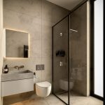 Sovereign Estates   Modern bathroom with a wall mounted sink wall toilet and a glass shower enclosure warm accent lighting 2026 Modern bathroom with a wall mounted sink wall toilet and a glass shower enclosure warm accent lighting