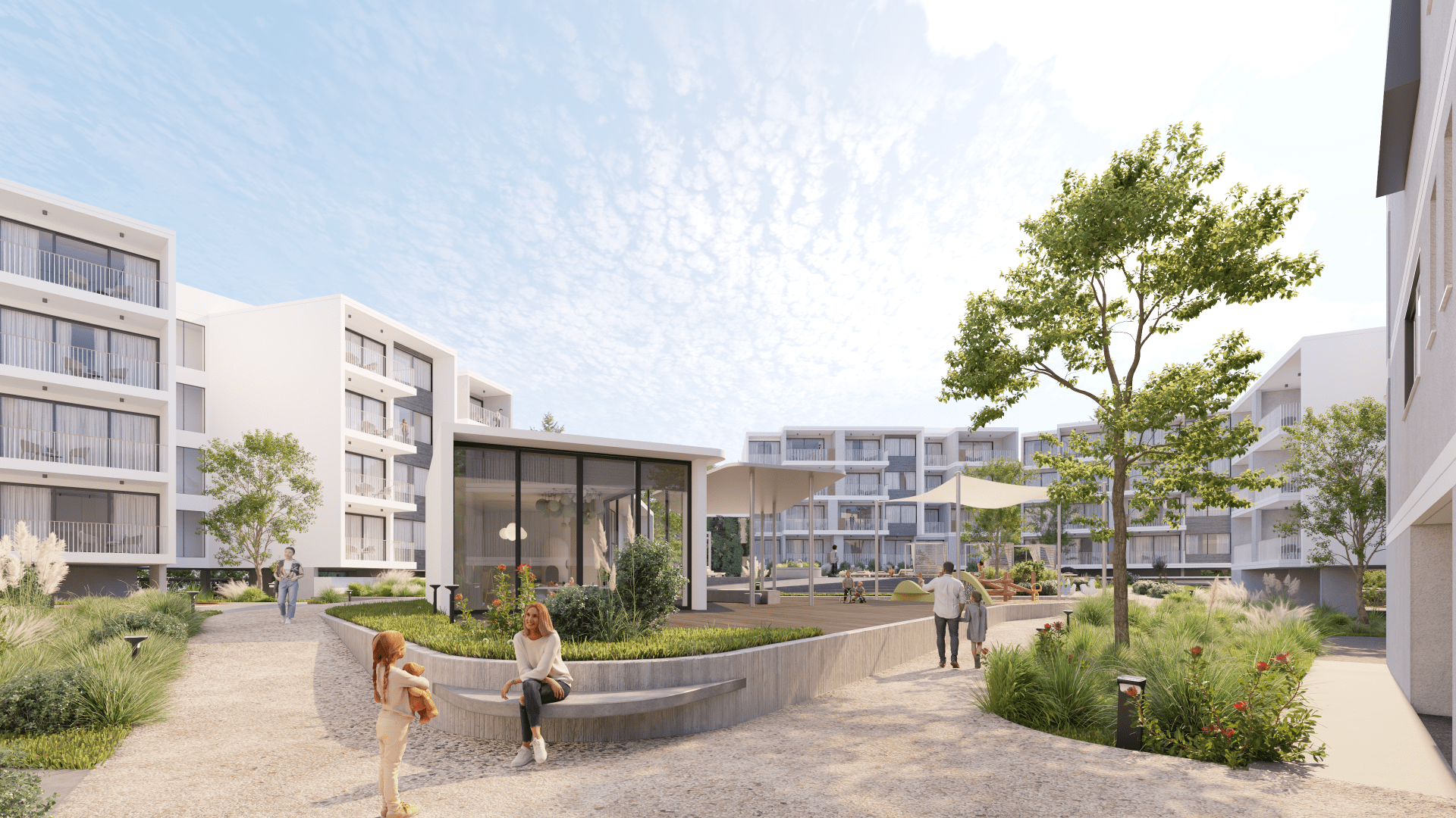 3-1920x1080png - Sovereign Estates Sovereign Estates Courtyard of a modern apartment complex with white buildings trees and residents strolling 2026 Courtyard of a modern apartment complex with white buildings trees and residents strolling