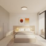 303-bedroom-A-1920x1080jpg - Sovereign Estates Sovereign Estates Modern minimalist bedroom with a wooden headboard cream bedding and twin round nightstands beside the bed 2026 Modern minimalist bedroom with a wooden headboard cream bedding and twin round nightstands beside the bed