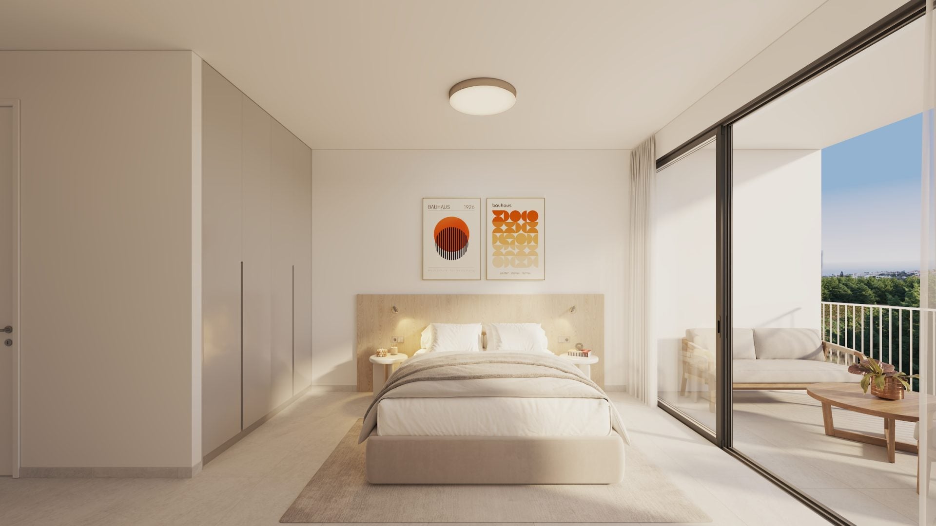 303-bedroom-A-1920x1080jpg - Sovereign Estates Sovereign Estates Modern minimalist bedroom with a wooden headboard cream bedding and twin round nightstands beside the bed 2026 Modern minimalist bedroom with a wooden headboard cream bedding and twin round nightstands beside the bed