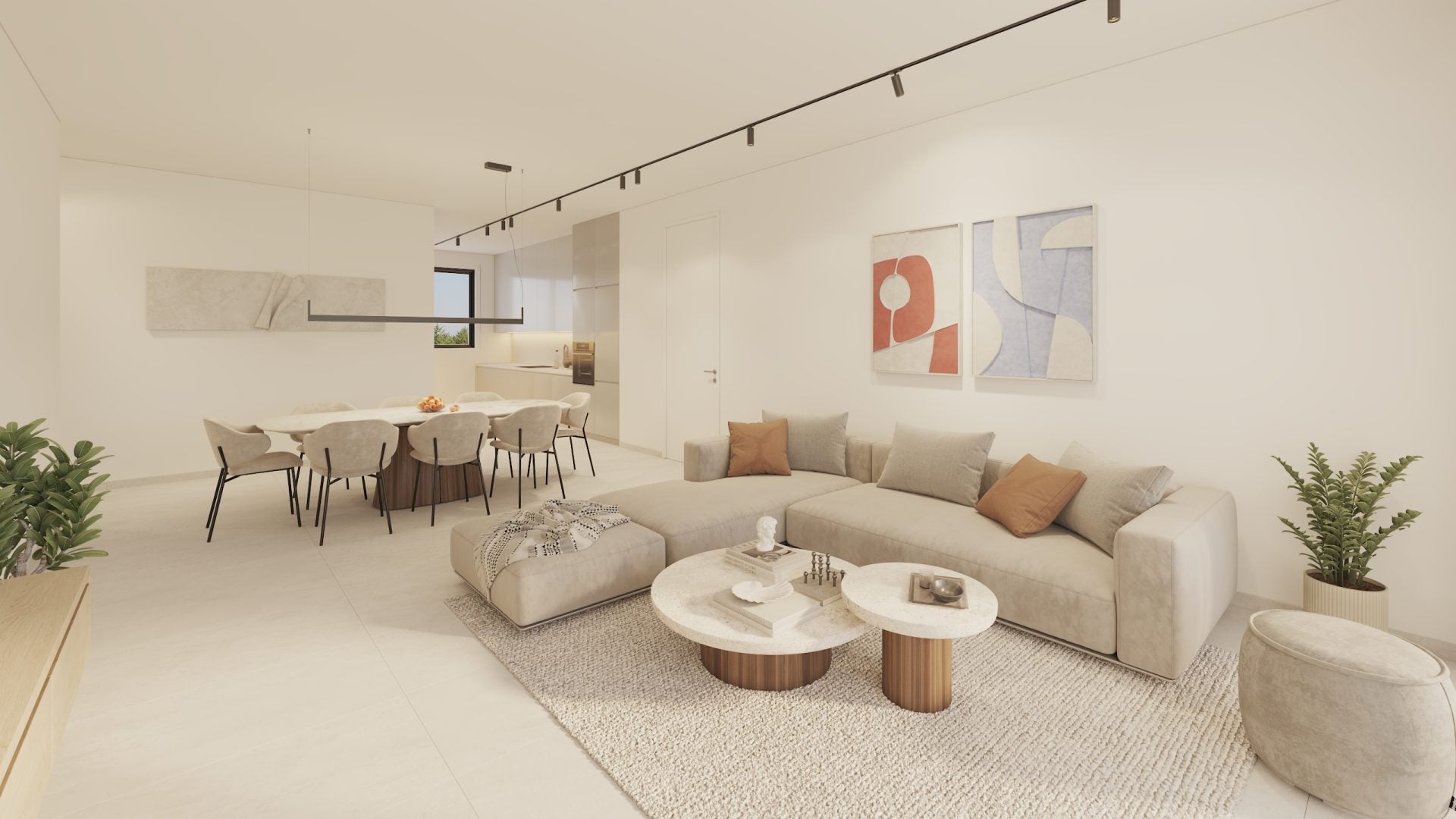 303-living-roomB-1920x1080jpg - Sovereign Estates Sovereign Estates Open plan living and dining area with a beige L shaped sofa round marble coffee tables a textured rug abstract wall art and a long dining table with eight chairs under track lighting 2026 Open plan living and dining area with a beige L shaped sofa round marble coffee tables a textured rug abstract wall art and a long dining table with eight chairs under track lighting