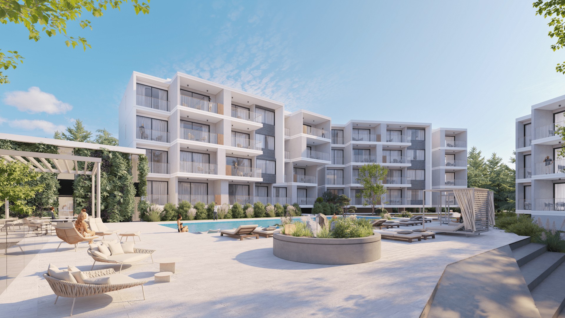 4 - Sovereign Estates Sovereign Estates Modern apartment complex with a bright outdoor pool area and lounge chairs in the foreground several balconies visible on white gray buildings under a clear blue sky 2026 Modern apartment complex with a bright outdoor pool area and lounge chairs in the foreground several balconies visible on white gray buildings under a clear blue sky