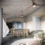 Sovereign Estates   Open concept kitchen and dining area with blue cabinets a long wooden table light chairs and ceiling fans in a bright airy space 2026 Open concept kitchen and dining area with blue cabinets a long wooden table light chairs and ceiling fans in a bright airy space