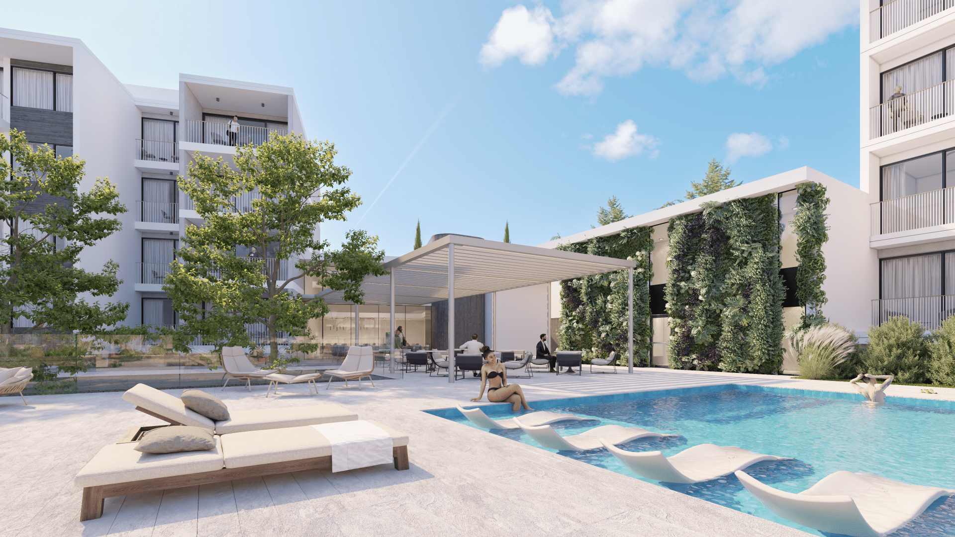 5-1920x1080png - Sovereign Estates Sovereign Estates Modern apartment courtyard with a rectangular pool white loungers and a shaded seating area under a pergola 2026 Modern apartment courtyard with a rectangular pool white loungers and a shaded seating area under a pergola