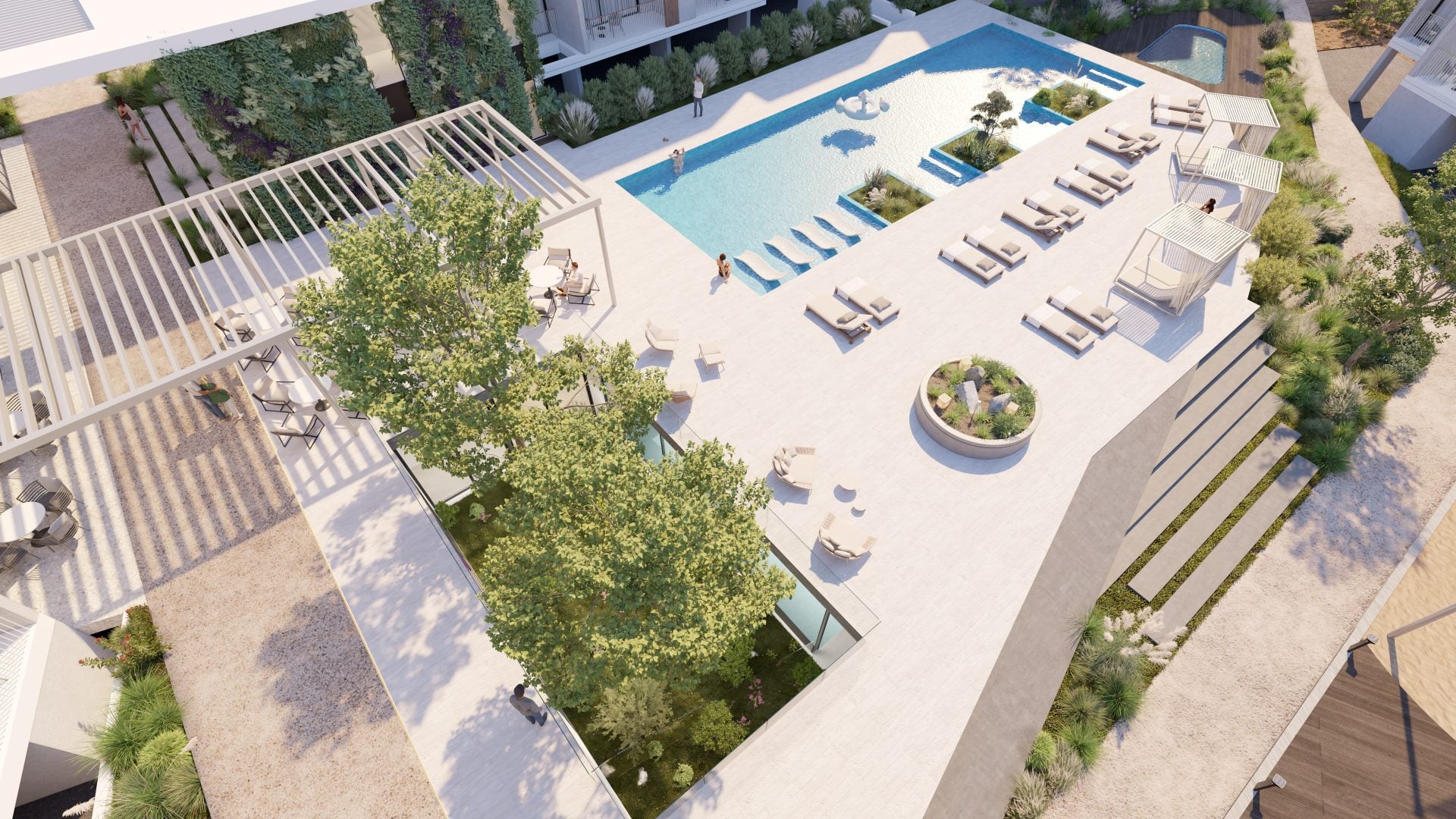 7-1920x1080jpg - Sovereign Estates Sovereign Estates Aerial view of a modern pool deck with lounge chairs cabanas and planters around a rectangular pool in a landscaped courtyard 2026 Aerial view of a modern pool deck with lounge chairs cabanas and planters around a rectangular pool in a landscaped courtyard
