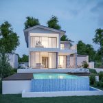 Sovereign Estates   Twilight view of a modern two story house with glass walls stone accents and a rectangular pool in a landscaped garden 2026 Twilight view of a modern two story house with glass walls stone accents and a rectangular pool in a landscaped garden