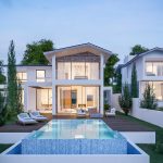 Sovereign Estates   Modern white villa complex with glass walls around a central rectangular swimming pool at dusk surrounded by greenery and wooden deck 2026 Modern white villa complex with glass walls around a central rectangular swimming pool at dusk surrounded by greenery and wooden deck
