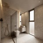Sovereign Estates   Modern marble bathroom with a glass shower partition wall mounted vanity and a frosted tall window 2026 Modern marble bathroom with a glass shower partition wall mounted vanity and a frosted tall window