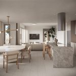 Sovereign Estates   Open plan living and kitchen area with a marble island round white dining table wooden chairs and a tall potted plant near the island 2026 Open plan living and kitchen area with a marble island round white dining table wooden chairs and a tall potted plant near the island