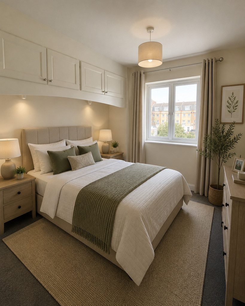 IMG_23_79_largejpg - Sovereign Estates Sovereign Estates Neutral bedroom with a double bed green cushions beige headboard and matching nightstands under built in white cabinets 2026 Neutral bedroom with a double bed green cushions beige headboard and matching nightstands under built in white cabinets