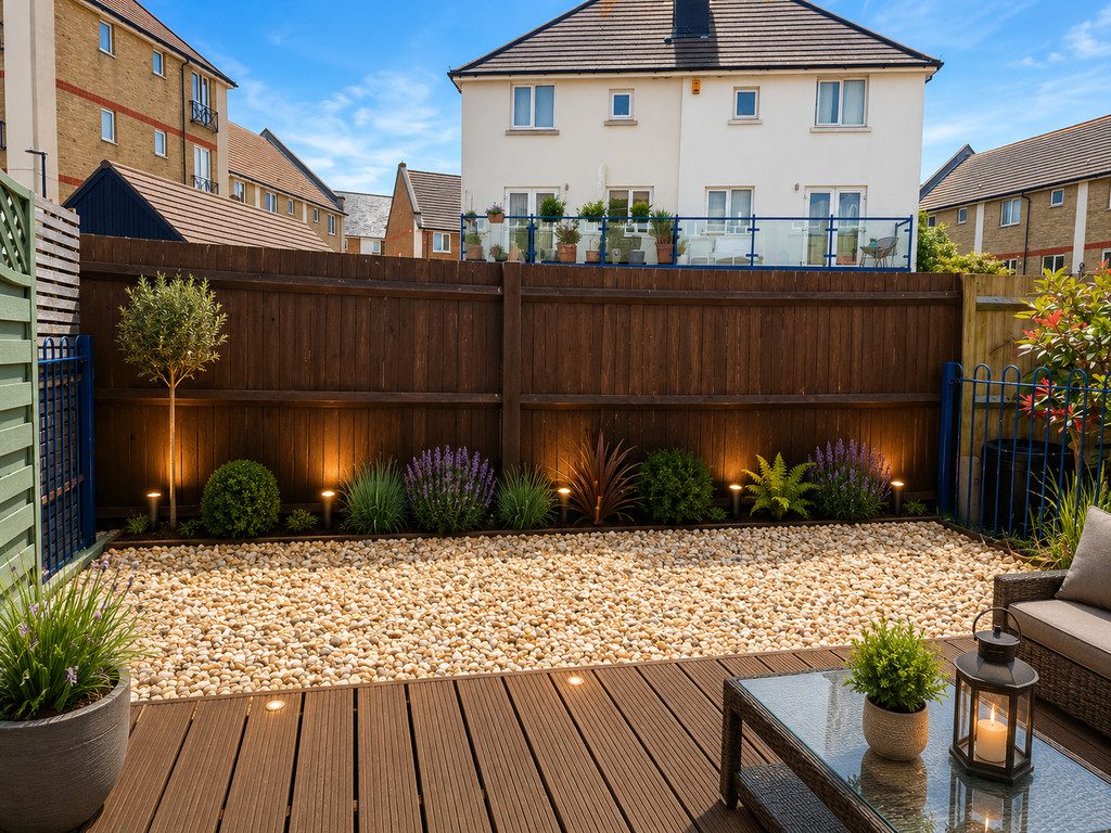 IMG_23_85_largejpg - Sovereign Estates Sovereign Estates Backyard garden with a wooden privacy fence pebble gravel bed and a wooden deck with seating and a glass coffee table at dusk 2026 Backyard garden with a wooden privacy fence pebble gravel bed and a wooden deck with seating and a glass coffee table at dusk