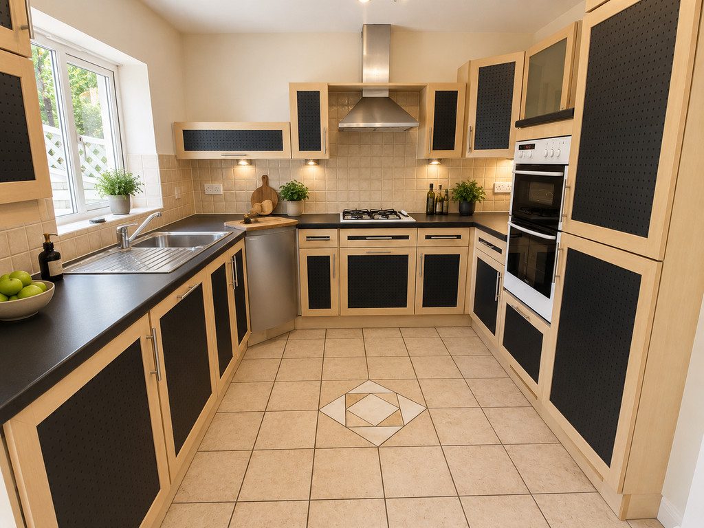 IMG_23_86_largejpg - Sovereign Estates Sovereign Estates Bright L shaped kitchen with light wood cabinets black panel doors and stainless steel sink stove and dishwasher plus a window and plants 2026 Bright L shaped kitchen with light wood cabinets black panel doors and stainless steel sink stove and dishwasher plus a window and plants