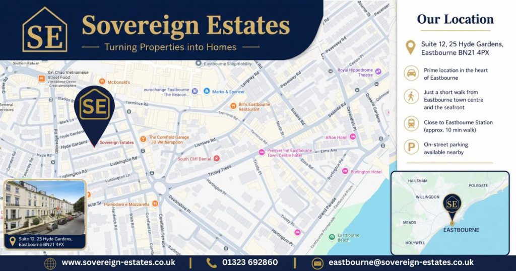 Sovereign Estates   Map of Eastbourne with a dark blue Sovereign Estates marker showing location overlaid with a small street image inset and contact strip at bottom 2026 Map of Eastbourne with a dark blue Sovereign Estates marker showing location overlaid with a small street image inset and contact strip at bottom