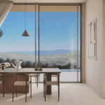 Sovereign Estates   Dining area with a wooden table and six chairs large glass doors reveal a mountain landscape and pool outside 2026 Dining area with a wooden table and six chairs large glass doors reveal a mountain landscape and pool outside