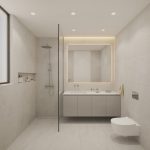 bathroom1-1080x1080jpg - Sovereign Estates Sovereign Estates Modern gray bathroom with a glass walled shower a backlit mirror above a floating vanity and a wallhung toilet 2026 Modern gray bathroom with a glass walled shower a backlit mirror above a floating vanity and a wallhung toilet