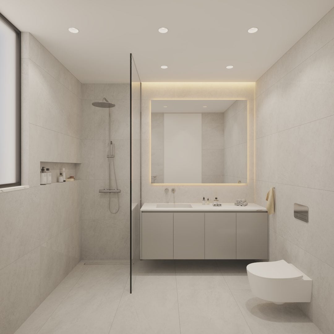 bathroom1-1080x1080jpg - Sovereign Estates Sovereign Estates Modern gray bathroom with a glass walled shower a backlit mirror above a floating vanity and a wallhung toilet 2026 Modern gray bathroom with a glass walled shower a backlit mirror above a floating vanity and a wallhung toilet