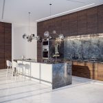 Sovereign Estates   Modern kitchen with a marble island dark wood cabinets and a marble backsplash white bar stools sit at the island under a sculptural pendant light 2026 Modern kitchen with a marble island dark wood cabinets and a marble backsplash white bar stools sit at the island under a sculptural pendant light