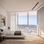 Sovereign Estates   Modern minimalist bedroom with a low white bed black reading lamps and a round side table facing a large window overlooking a city and distant mountains 2026 Modern minimalist bedroom with a low white bed black reading lamps and a round side table facing a large window overlooking a city and distant mountains