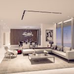 Sovereign Estates   Contemporary living room with white shelves marble floor gray sectional sofa and floor to ceiling ocean view windows 2026 Contemporary living room with white shelves marble floor gray sectional sofa and floor to ceiling ocean view windows