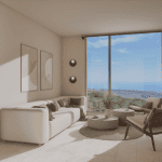 Sovereign Estates   Modern living room with a white sectional two abstract prints on the wall round coffee tables and a large window showing a coastal landscape 2026 Modern living room with a white sectional two abstract prints on the wall round coffee tables and a large window showing a coastal landscape