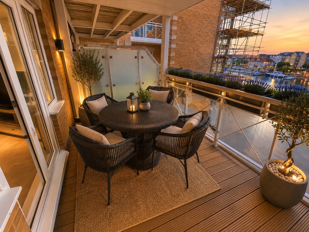 IMG_25_46_largejpg - Sovereign Estates Sovereign Estates Cozy balcony dining area at sunset round wicker table with six chairs lantern centerpiece and potted trees overlooking a marina 2026 Cozy balcony dining area at sunset round wicker table with six chairs lantern centerpiece and potted trees overlooking a marina